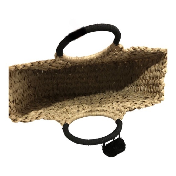 Wicker style straw basketweave black knit woven handle oversized‎ beach tote bag - Picture 7 of 15